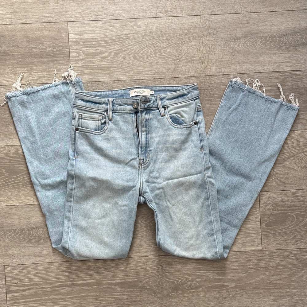 HIDDEN Faded Blue Straight Leg Jeans with ankle slit